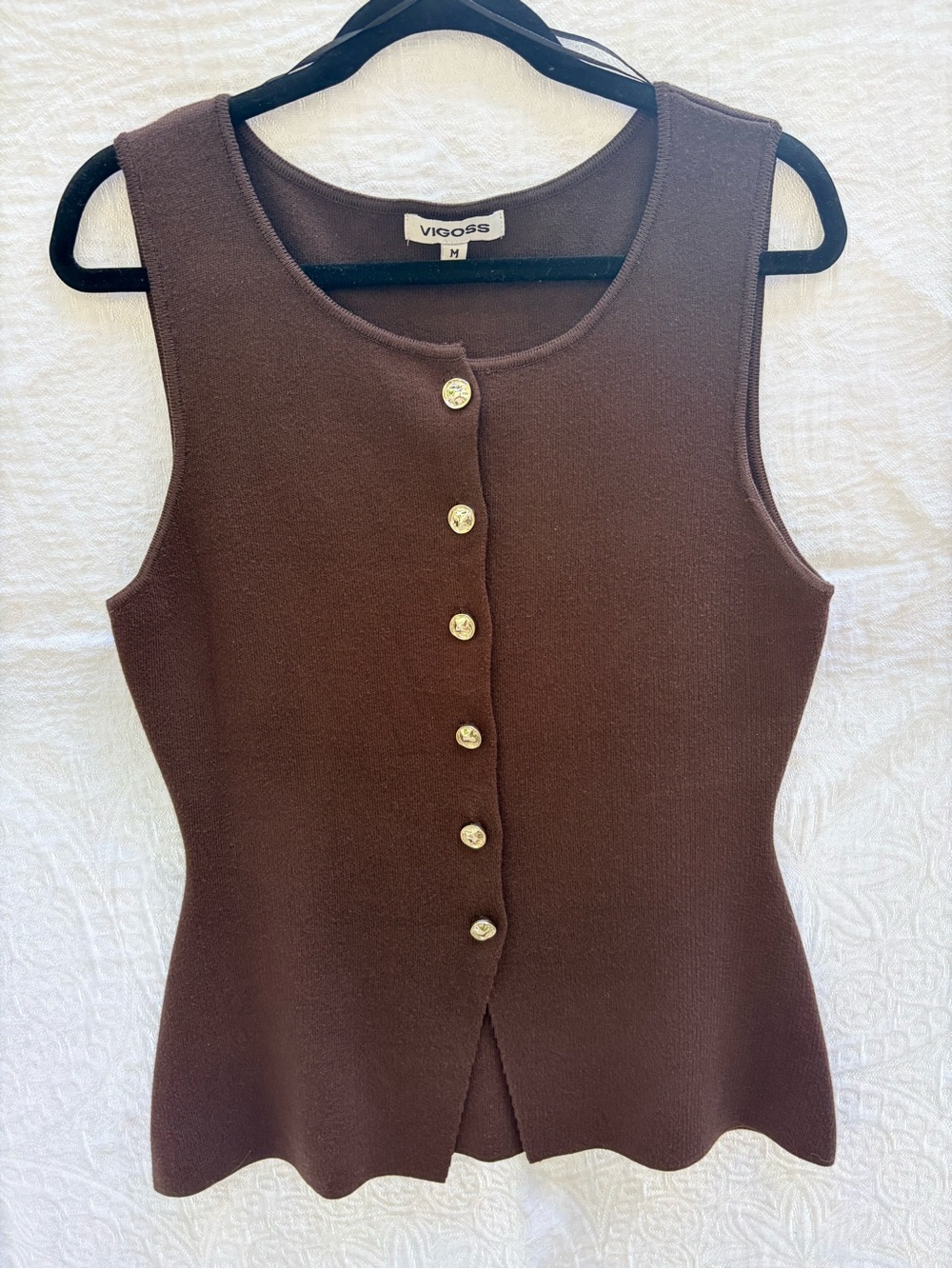 Vigoss Chocolate Brown Sleeveless Knit Tank with Gold Buttons